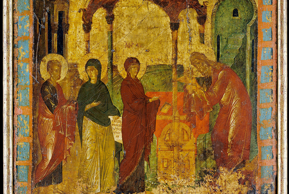 "The Presentation in the Temple" by Byzantine Painter. Joseph (far left) and Mary (center) present Christ in the temple as his divinity is recognized by Simeon (right) and the prophetess Anna (left). (Metropolitan Museum of Art)