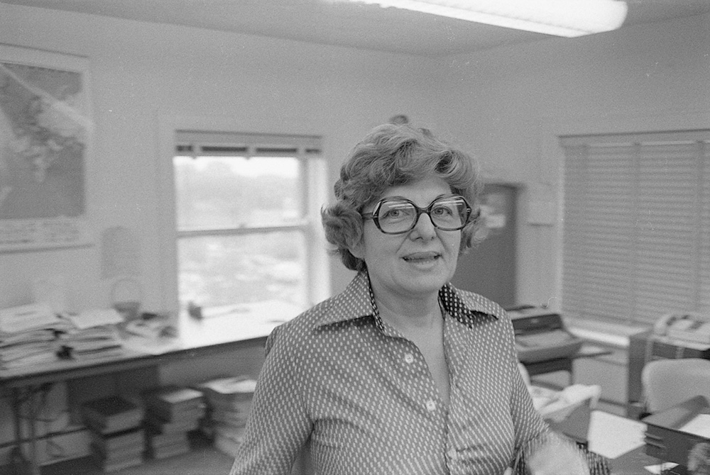 Jean Blake is pictured in a 1978 photo at the National Catholic Reporter offices in Kansas City, Missouri. (NCR photo)