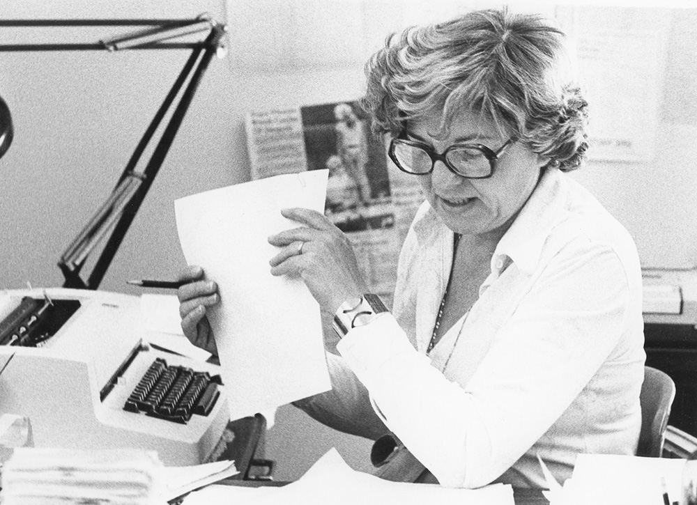 In a 1980 photo, Jean Blake works at the National Catholic Reporter offices in Kansas City, Missouri. (NCR photo/Patty Edmonds)