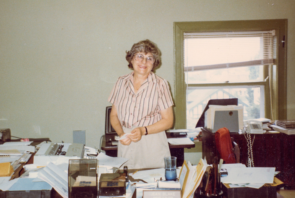 An undated photo of Jean Blake at the National Catholic Reporter offices in Kansas City, Missouri (NCR photo)