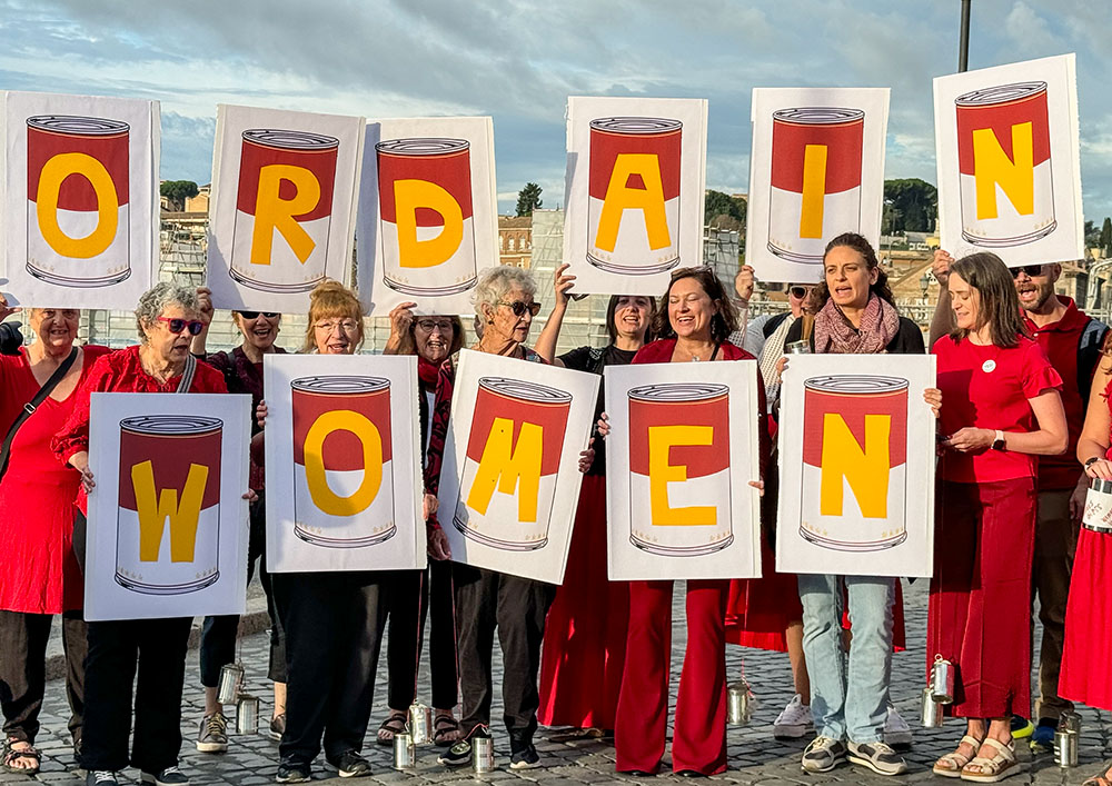 Members of the Women’s Ordination Conference, Women’s Ordination Worldwide, Roman Catholic Womenpriests-USA gather near the Vatican to pray for the Catholic Church to open up the priesthood to women as the worldwide consultation known as the synod begins Oct. 2, 2024. (GSR photo/Rhina Guidos)
