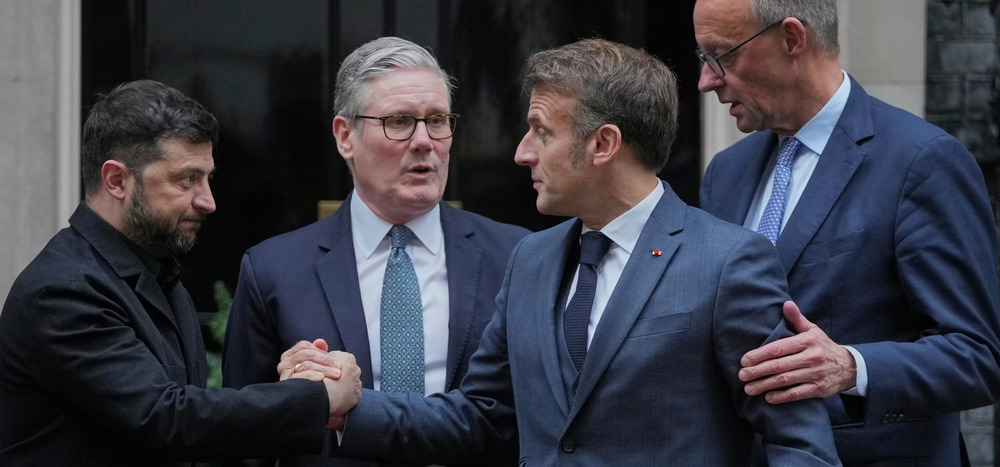 From left, Ukrainian President Volodymyr Zelenskyy, Britain Prime Minister Keir Starmer, French President Emmanuel Macron and German Chancellor Friedrich Merz leave a meeting on Dec. 8, 2025, at 10 Downing Street in London. (AP/Kin Cheung)