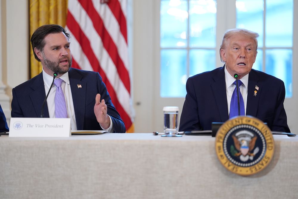 Vice President JD Vance speaks as President Donald Trump listens during a meeting in the East Room of the White House Jan. 9 in Washington. (AP/Evan Vucci)