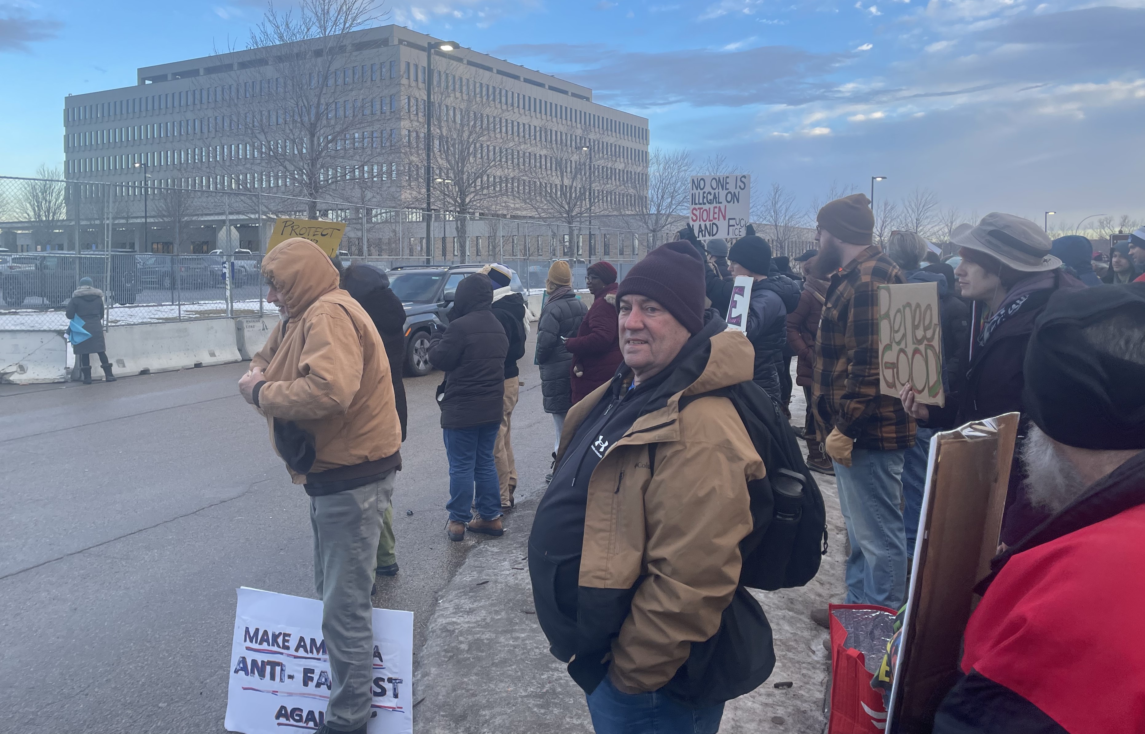 People rally outside the Whipple Federal building and immigration court in Minneapolis Jan. 13. A group demonstrates and prays monthly for immigrants going through the detention and deportation system. This month's rally also drew attention to the Jan. 7 shooting by an ICE agent of Renee Good. (Tim Montgomery) 