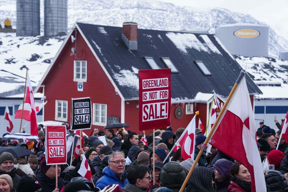 People protest against Trump's policy towards Greenland in front of the U.S. consulate in Nuuk, Greenland, Jan. 17. (AP/Evgeniy Maloletka)