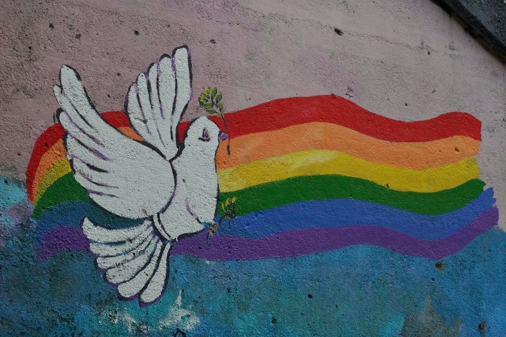 painting of rainbow and peace dove