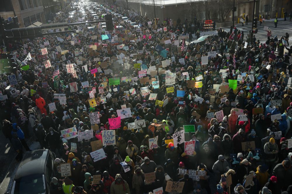 Thousands of protesters gathered Jan. 23 in downtown Minneapolis to oppose the Trump administration's aggressive immigration enforcement. (AP/Angelina Katsanis)