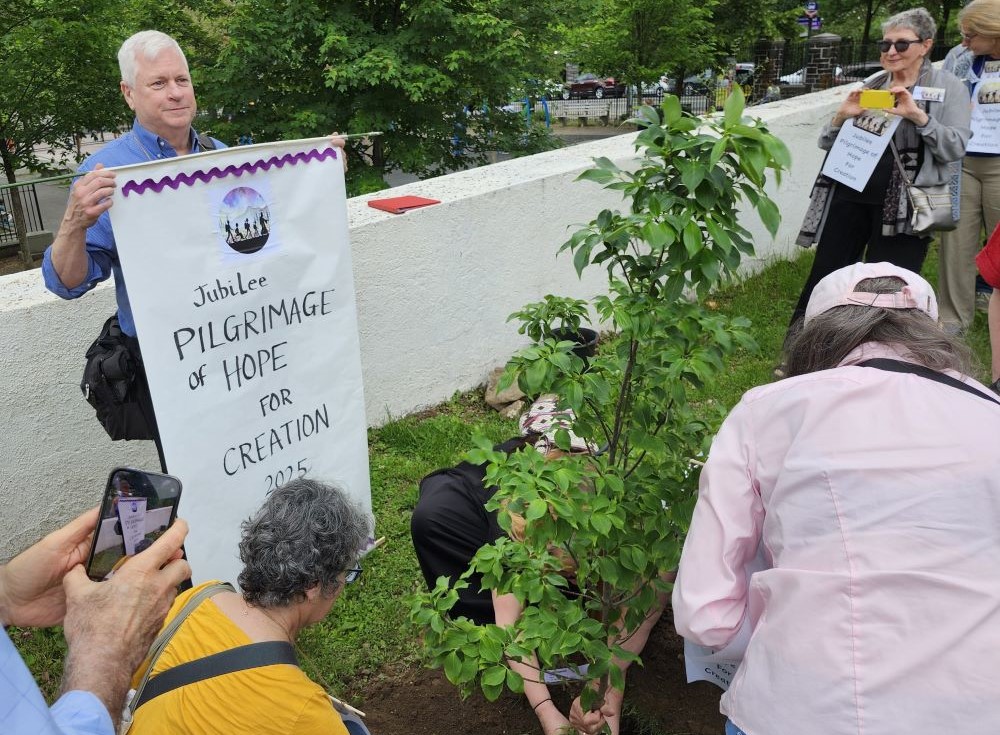 Members of the Metro New York Catholic Climate Movement plant a tree in remembrance of Pope Francis at the Shrine of St. Frances Xavier Cabrini in northern Manhattan. The visit was part of the Pilgrimages of Hope for Creation organized across the U.S. to mark the Jubilee Year in 2025. (Metro New York Catholic Climate Movement)