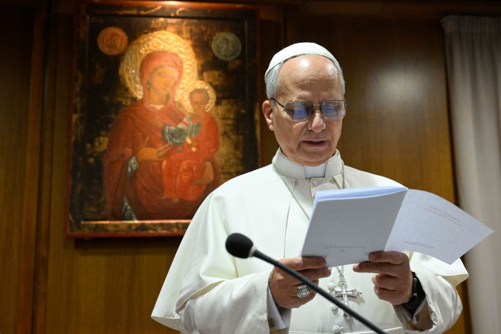 Pope Leo XIV speaks during his first consistory with cardinals from around the world at the Vatican Jan. 7, 2025. "May the Holy Spirit, whom we have invoked, guide us during these two days of reflection and dialogue," he said in his opening address. (OSV News/Vatican Media/Simone Risoluti)