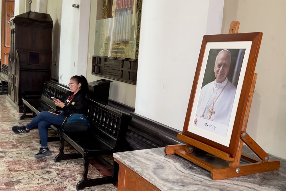 A picture of Pope Leo XIV is seen in the Cathedral of Chiclayo Aug. 8, 2025. (NCR photo/Justin McLellan)