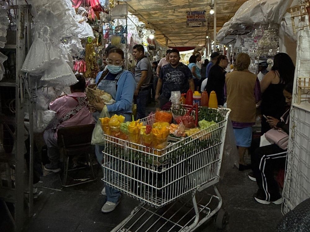 A fruit vendor navigates his cart Jan. 27 in the aisle of a Mexico City market dedicated to preparing Baby Jesus figurines for presentation at church on Candlemas, Feb. 2. (Anita Snow)