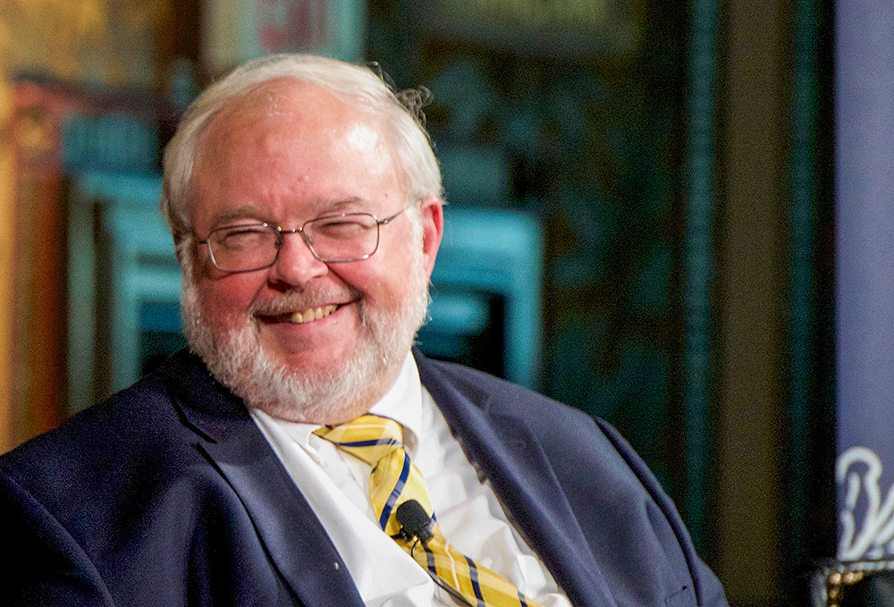 John Carr, founder of the Initiative on Catholic Social Thought and Public Life at Georgetown University, smiles during a panel discussion May 31, 2017, at the Jesuit-run university in Washington. (CNS/Georgetown University/Rafael Suanes)