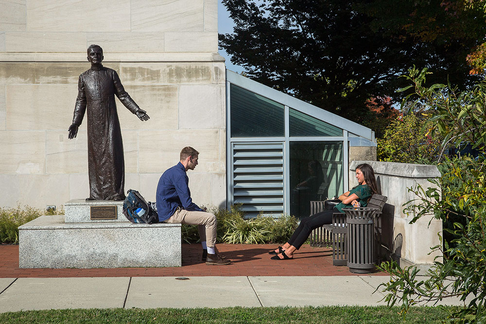 A statue of Blessed Michael McGivney, founder of the Knights of Columbus, is seen at the Catholic University of America in Washington Oct. 20, 2020. (CNS/Tyler Orsburn)