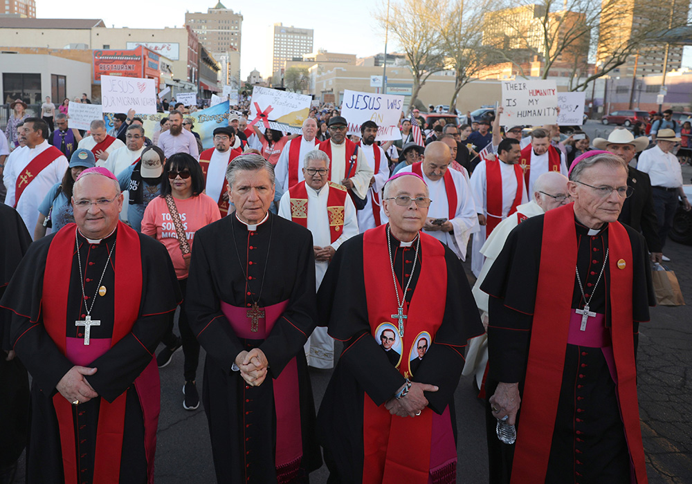 Bishop Peter Baldacchino of Las Cruces, New Mexico; Archbishop Gustavo García-Siller of San Antonio; Bishop Mark J. Seitz of El Paso, Texas; and Archbishop John C. Wester of Santa Fe, New Mexico, lead a march in El Paso March 24, 2025, against mass deportations by the U.S. government. (OSV News/Bob Roller)