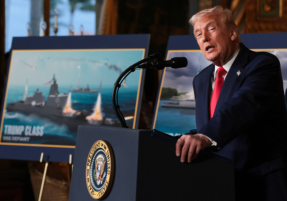 U.S. President Donald Trump makes an announcement at Mar-a-lago in Palm Beach, Florida, Dec. 22, 2025, about a new "Golden Fleet" of Navy battleships he described as a superior war fighting vessel to replace what he called an “old and tired and obsolete” U.S. fleet. (OSV News/Reuters/Jessica Koscielniak)