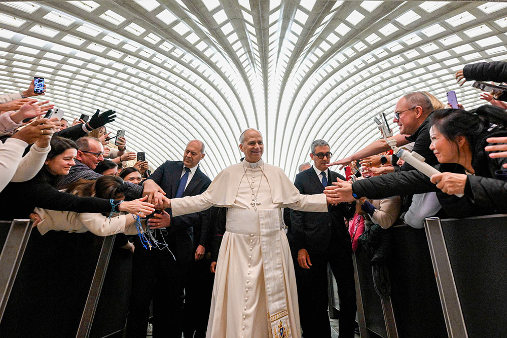 Pope Leo XIV greets people at the conclusion of his weekly general audience in the Paul VI Audience Hall at the Vatican Jan. 7, 2026. (CNS/Vatican Media)