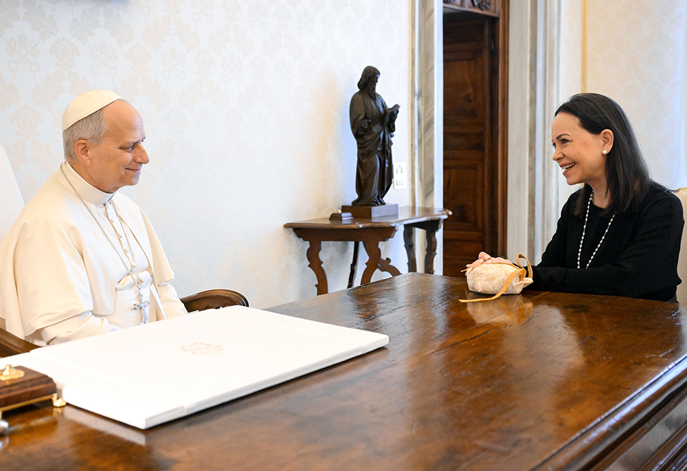 Pope Leo XIV meets María Corina Machado, Venezuelan opposition leader and 2025 Nobel Peace Prize laureate, during a private audience at the Vatican Jan. 12, 2026. (CNS/Vatican Media)