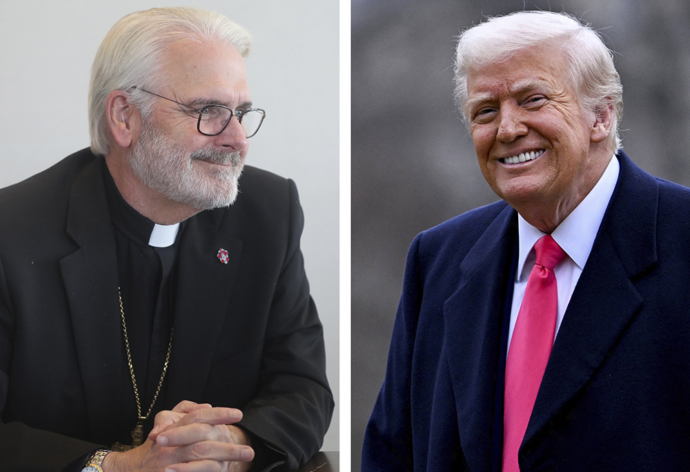 Archbishop Paul S. Coakley of Oklahoma City, president of the U.S. Conference of Catholic Bishops, and U.S. President Donald Trump, are pictured in a combination photo. Coakley met with Trump at the White House in Washington Jan. 12, 2026. (OSV News/Bob Roller; Reuters/Craig Hudson)