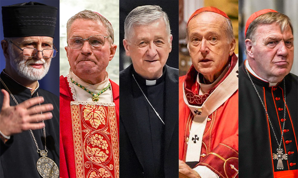 From left: Archbishop Borys Gudziak of the Ukrainian Catholic Archeparchy of Philadelphia (OSV News/Bob Roller); Archbishop Timothy Broglio of the U.S. Archdiocese for the Military Services (CNS/Lola Gomez); Cardinal Blase Cupich of Chicago (CNS/Lola Gomez); Cardinal Robert McElroy of Washington (OSV News/John Carroll Society/Christopher Newkumet); Cardinal Joseph Tobin of Newark, N.J. (CNS/Lola Gomez)