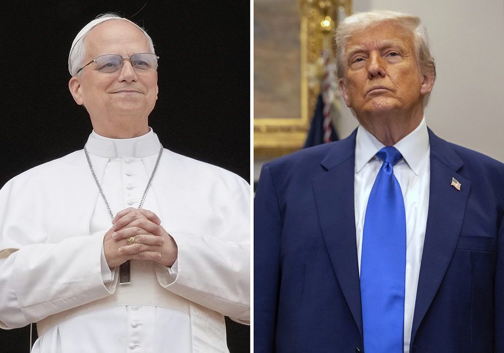 This combination photo shows Pope Leo XIV at the central balcony of St. Peter's Basilica at the Vatican, May 11, 2025, left, and President Donald Trump during an event in the Roosevelt Room at the White House, May 12, 2025, in Washington. (AP photo)