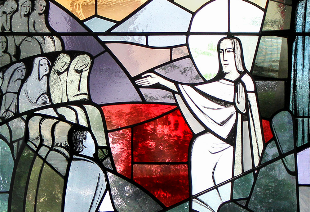 "The Sermon on the Mount," a circa 1970 stained glass window by Swiss artist Helmut Ammann in the Church of the Redeemer in Bad Wörishofen, Germany (Wikimedia Commons/Lothar Spurzem)
