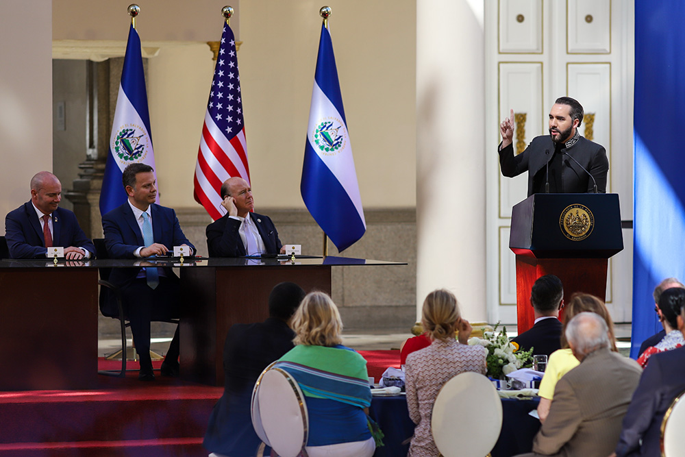 El Salvador's President Nayib Bukele speaks at the National Palace as he hosts the country's first National Prayer Breakfast in San Salvador Jan. 19, 2026. (AP/Salvador Melendez)