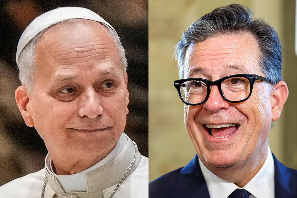 Left: Pope Leo XIV leads his weekly general audience in the Paul VI Audience Hall at the Vatican Jan. 28, 2026. Right: U.S. comedian and writer Stephen Colbert speaks with reporters in the Lapidary Gallery of the Apostolic Palace, after meeting Pope Francis during an audience June 14, 2024. (CNS photos/Lola Gomez)