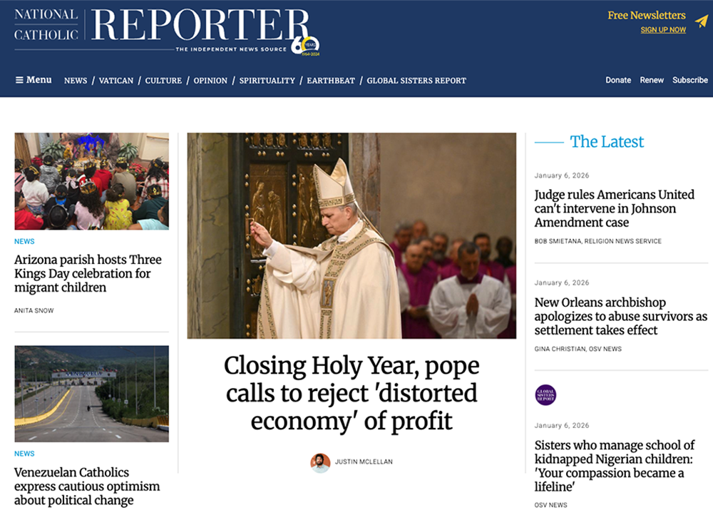 Screenshot of the NCRonline.org homepage on Jan. 6, 2026 (NCR screenshot)