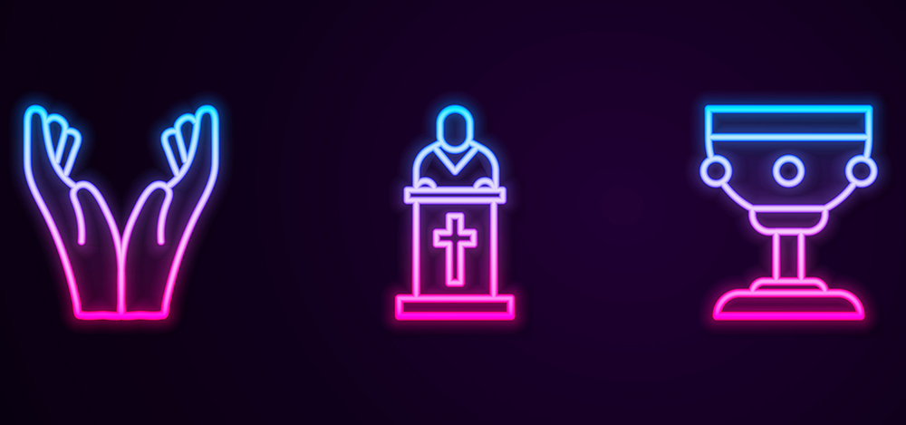 Symbols in glowing neon blue and magenta show praying hands, clergy (Dreamstime/Valerii Minhirov)at a pulpit, and a eucharistic chalice 