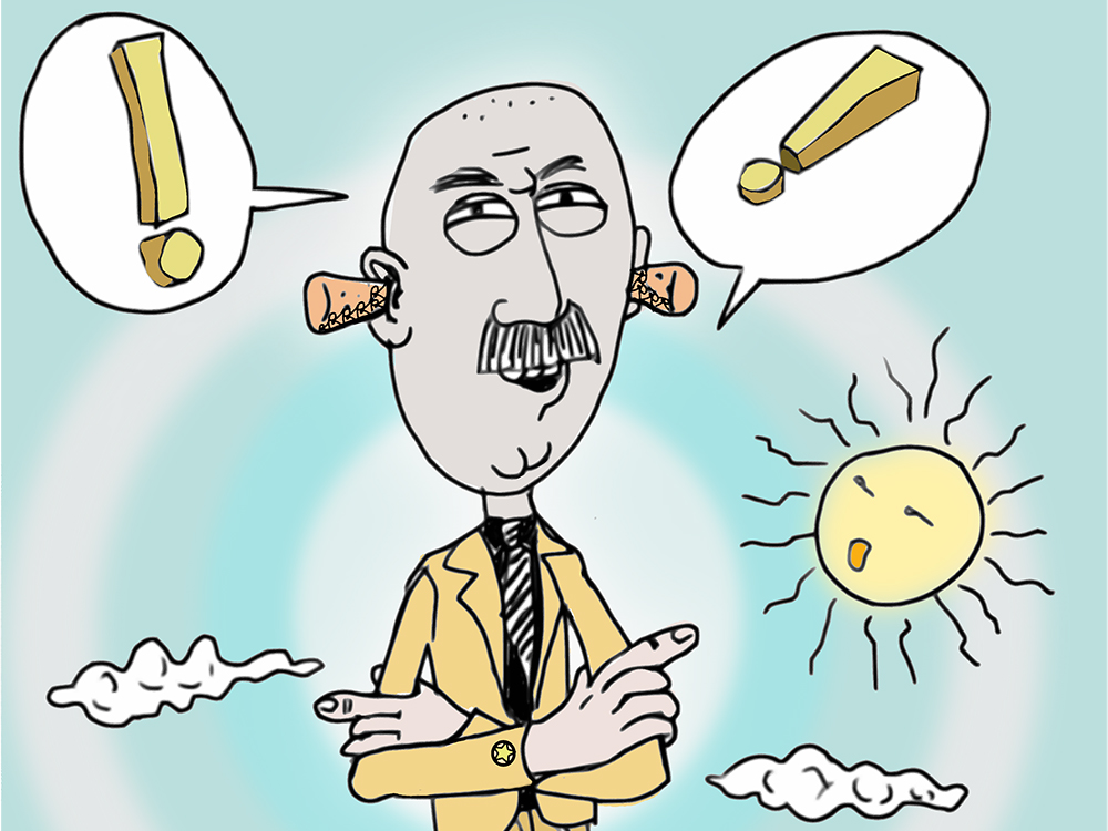 Cartoon drawing of a man speaking in exclamation points with corks in his ears (Pixabay/Rilson S. Avelar)