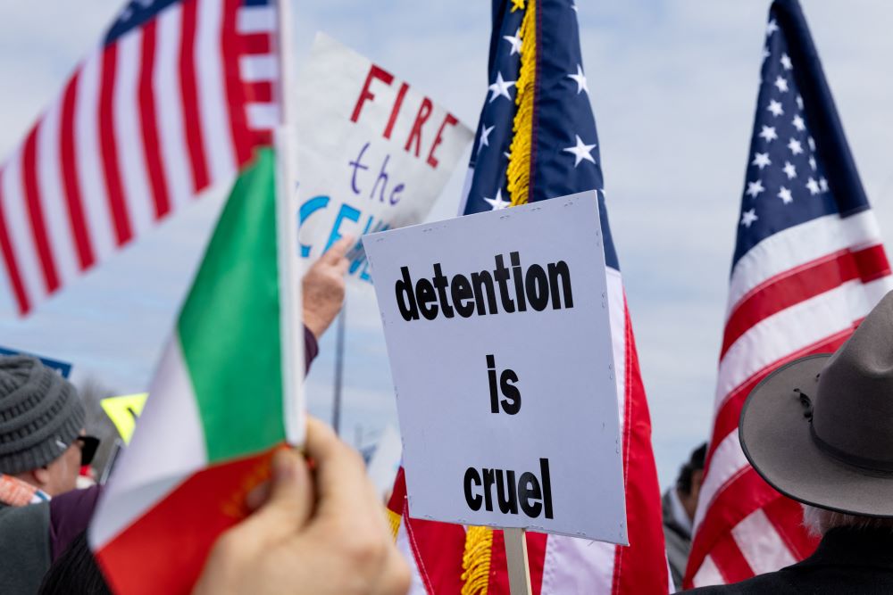 People protest hours after 5-year-old Liam Conejo Ramos and his father, Adrian Conejo Arias, returned home after a judge ordered them to be released from Immigration and Customs Enforcement detention at the South Texas Family Residential Center in Dilley, Texas, Feb. 1. (OSV News/Reuters/Kaylee Greenlee)