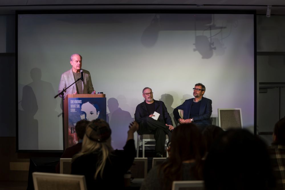 Producer Kelsey Grammer speaks to the press at a December press event to announce the U.S. premiere of "Bernadette, The Musical." Also pictured are director and author Serge Denoncourt, and producer Pierre Ferragu. (Courtesy of Maija Martin)