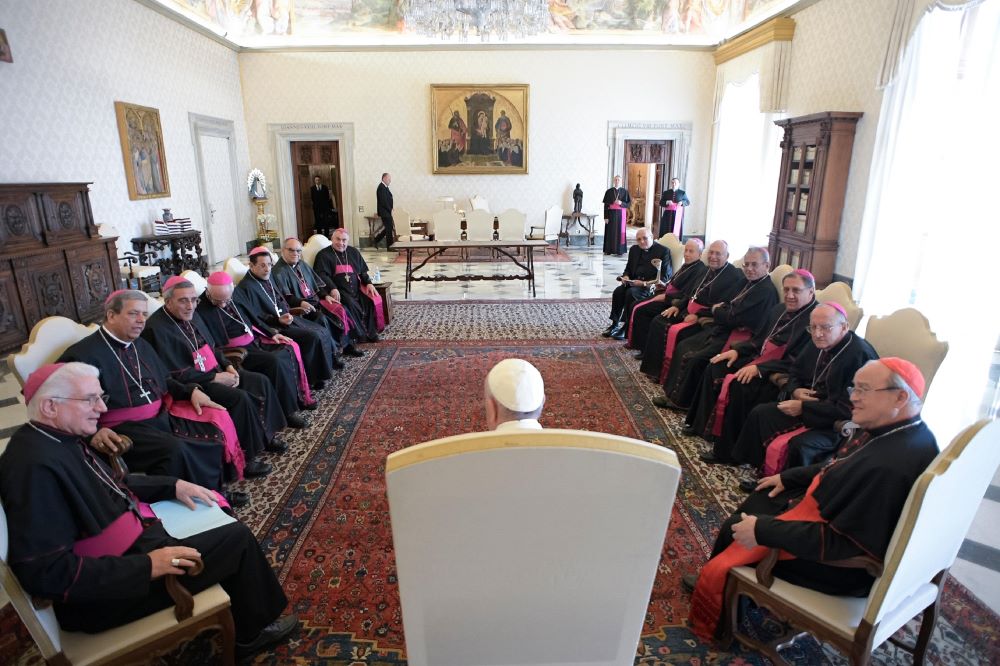 Pope Francis meets with Cuban bishops during their 2017 "ad limina" visit to the Vatican. The bishops of Cuba have postponed their planned "ad limina" visit to Rome Feb. 16-20, after government authorities announced that airlines could no longer refuel due to U.S. tariff threats against countries supplying oil to the island nation. (CNS/L'Osservatore Romano)