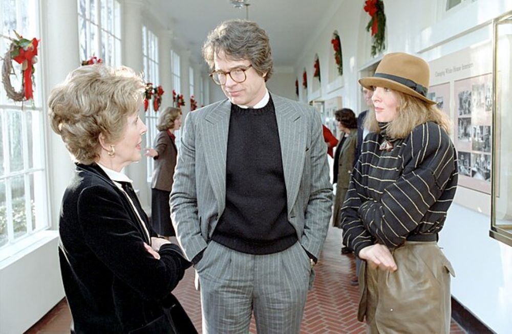 Diane Keaton, right, speaks with Nancy Reagan and Warren Beatty at a screening for "Reds" in the Family Theater of The White House in 1981. Keaton plays Louise Bryant, a writer who left her marriage and life in Portland, Ore., to join John Reed, a radical journalist and activist portrayed by Beatty, in Greenwich Village. (Wikimedia Commons/White House Photographic Collection)