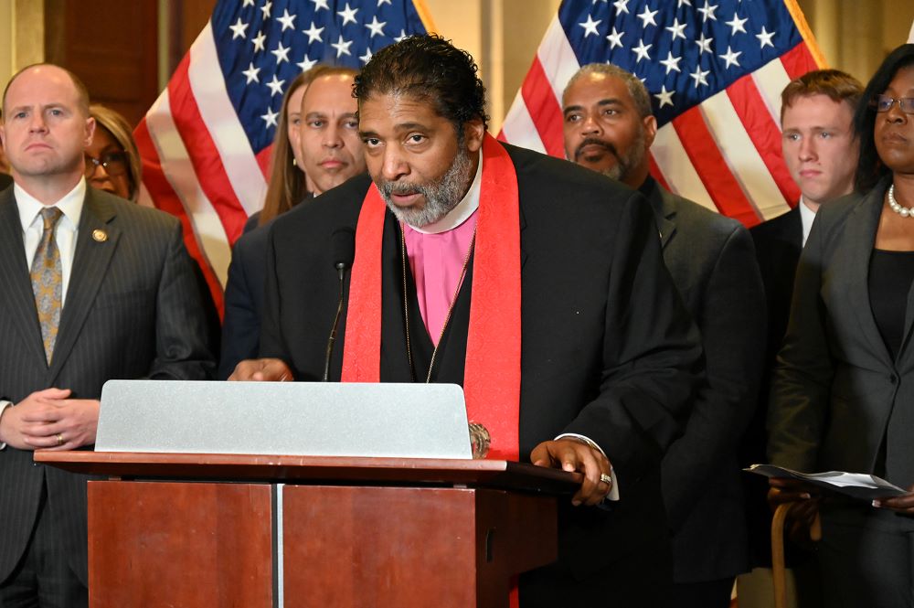 The Rev. William Barber II speaks during a news conference on the 30th day of a government shutdown, on Capitol Hill, Oct. 30, 2025, in Washington. (RNS/Jack Jenkins)