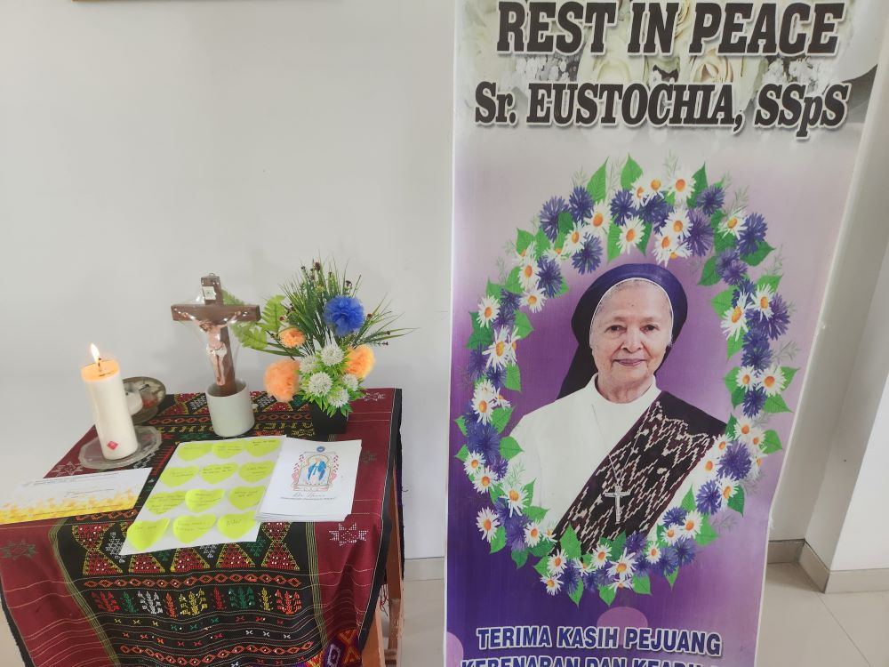 An informal shrine in the offices of TRUK F, or the Flores Humanitarian Volunteer Team, in the city of Maumere in eastern Indonesia, honors the group's founder, the late Sr. Eustochia Monika Nata, a Missionary Sisters Servants of the Holy Spirit sister who died in 2021. (GSR photo/Chris Herlinger)