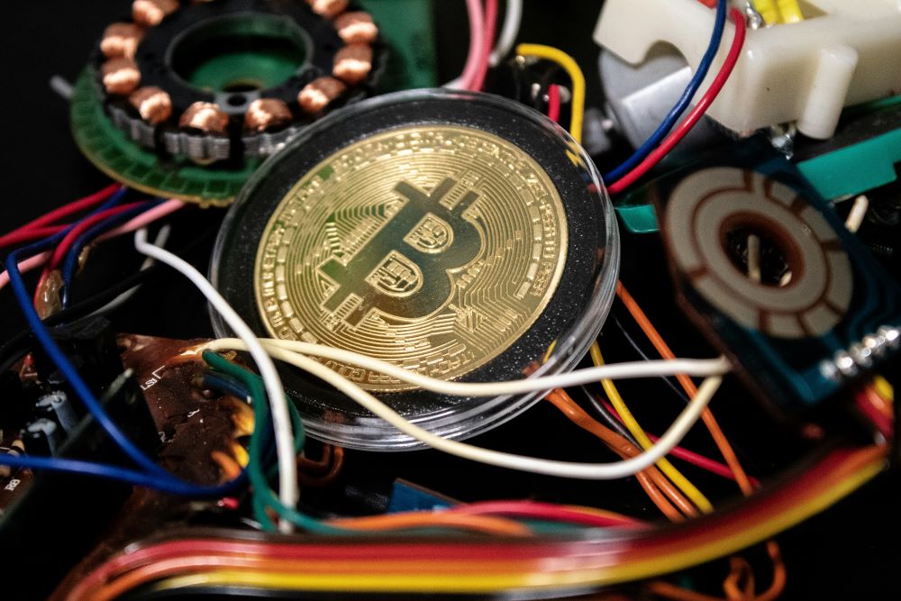 photo of bitcoins and wires