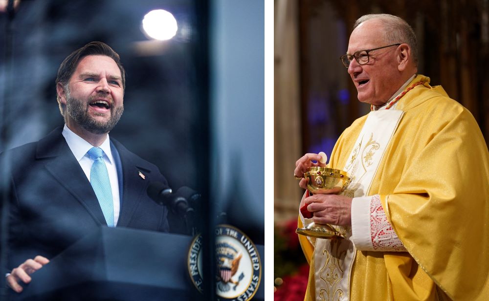U.S. Vice President JD Vance and Cardinal Timothy M. Dolan, retired archbishop of New York, are pictured in a combination photo. (OSV News/Reuters, Aaron Schwartz/The Good Newsroom/Gregory A. Shemitz)