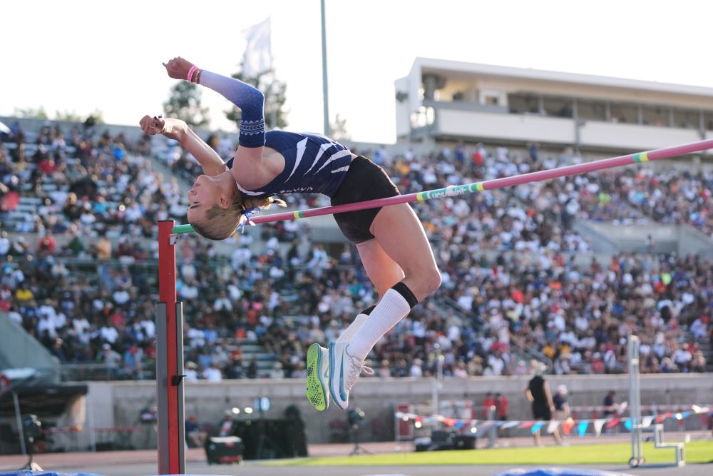 AB Hernandez, a transgender student at Jurupa Valley High School, competes in the high jump at the California high school track-and-field championships in Clovis, Calif., May 31, 2025. (AP/Jae C. Hong, file)