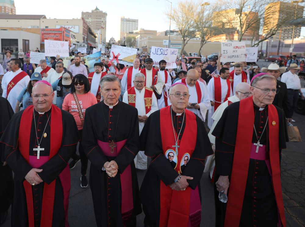 Archbishop John Wester of Santa Fe, N.M., (right) takes part in a demonstration in El Paso, Texas, against mass deportation March 24, 2025. With him are Bishop Peter Baldacchino of Las Cruces, N.M.; Archbishop Gustavo García-Siller of San Antonio and Bishop Mark Seitz of El Paso. (OSV News photo/Bob Roller)