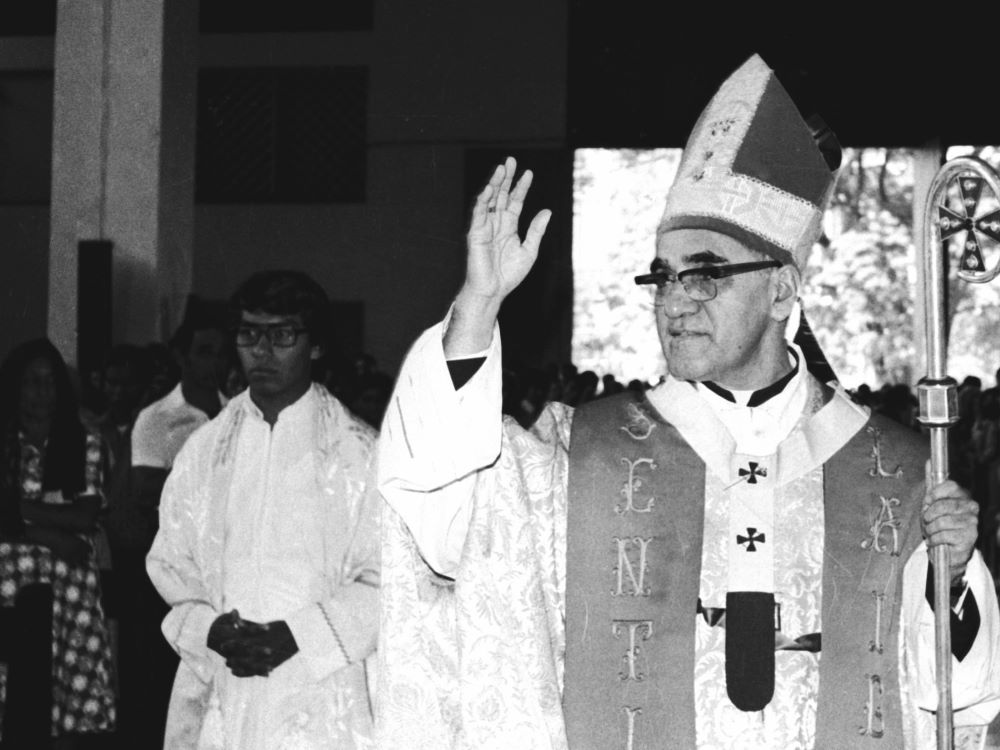 Archbishop Óscar Romero greets worshipers in San Salvador, El Salvador, in an undated photo. Romero was assassinated in 1980 while celebrating Mass in San Salvador. (CNS/Octavio Duran)