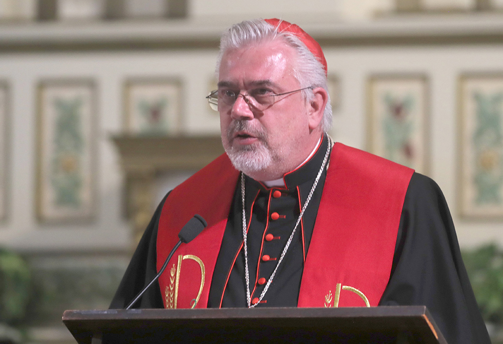Cardinal Fabio Baggio of Bassano del Grappa, Italy, the undersecretary of the Vatican's Dicastery for Promoting Integral Human Development, speaks during a prayer vigil at Sacred Heart Church in El Paso March 24, 2025, following a rally and march against mass deportations by the U.S. government. (OSV News/Bob Roller)
