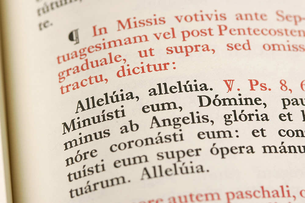 Shown is a detail of text in Latin from a page of the 1962 Roman Missal. (OSV News/Nancy Wiechec, file)