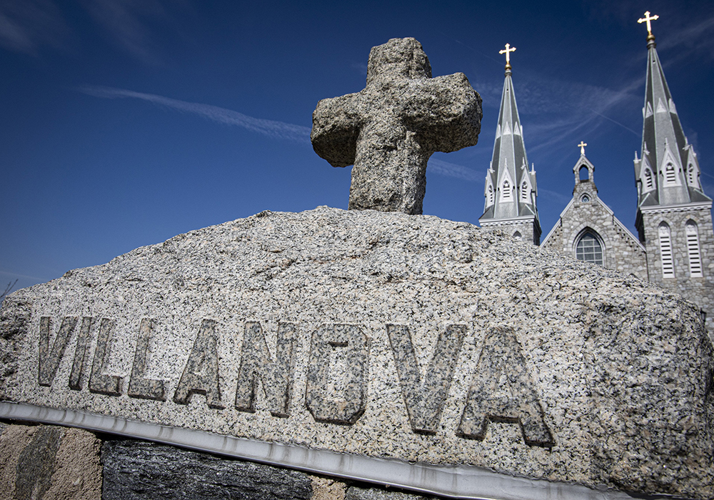 A pillar is visible in front of St. Thomas of Villanova Church on the campus of Villanova University near Philadelphia March 11, 2021. (OSV News/CNS file/Chaz Muth)
