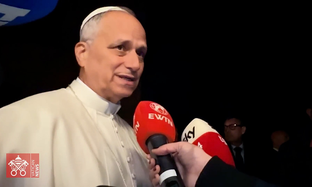 Pope Leo XIV is seen speaking to journalists outside the Palazzo Barberini in Castel Gandolfo, Italy, in a screen shot from a video taken Nov. 4, 2025. (CNS screen grab/Vatican Media)