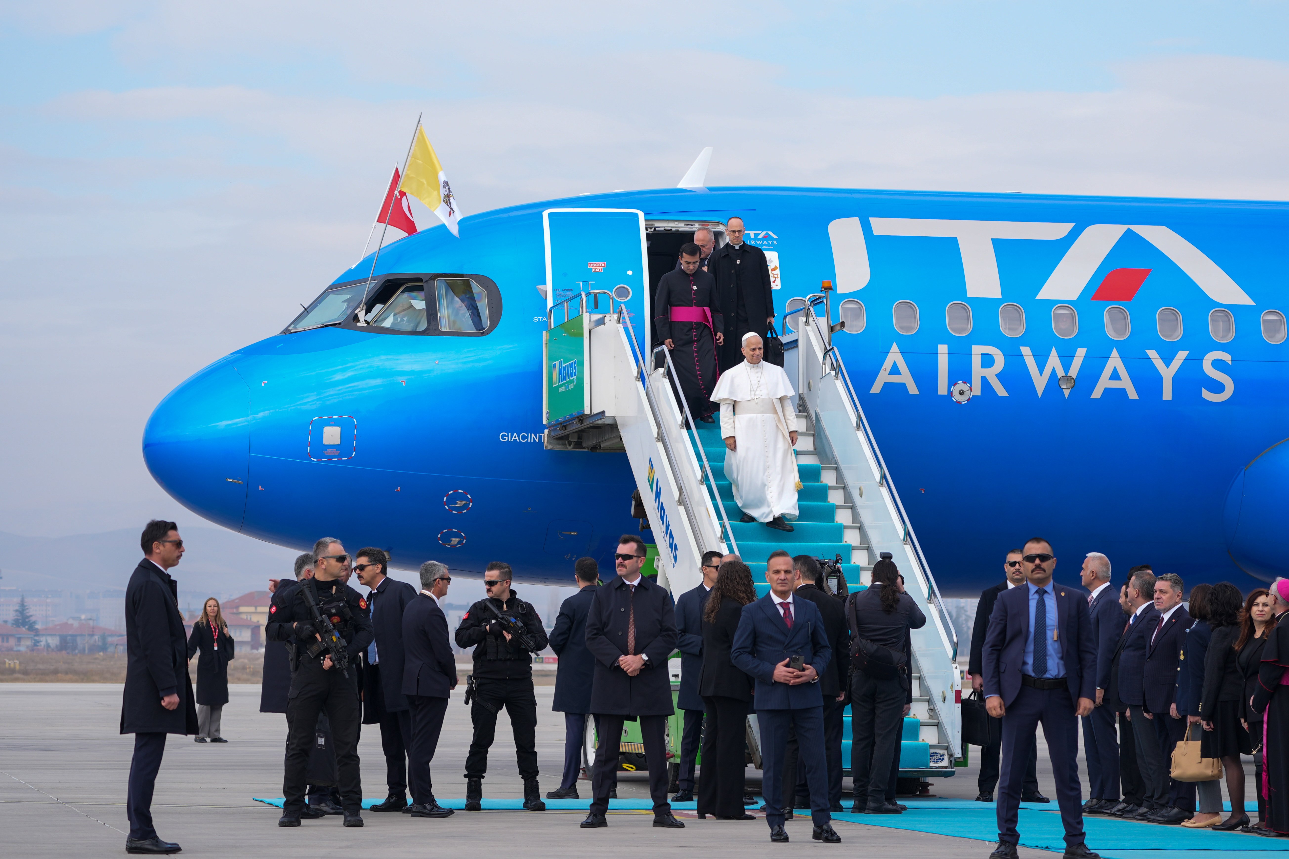 Pope Leo XIV arrives by plane from Rome in Ankara, Turkey, Nov. 27, 2025, at the beginning of his first international papal trip. (CNS photo/Lola Gomez)