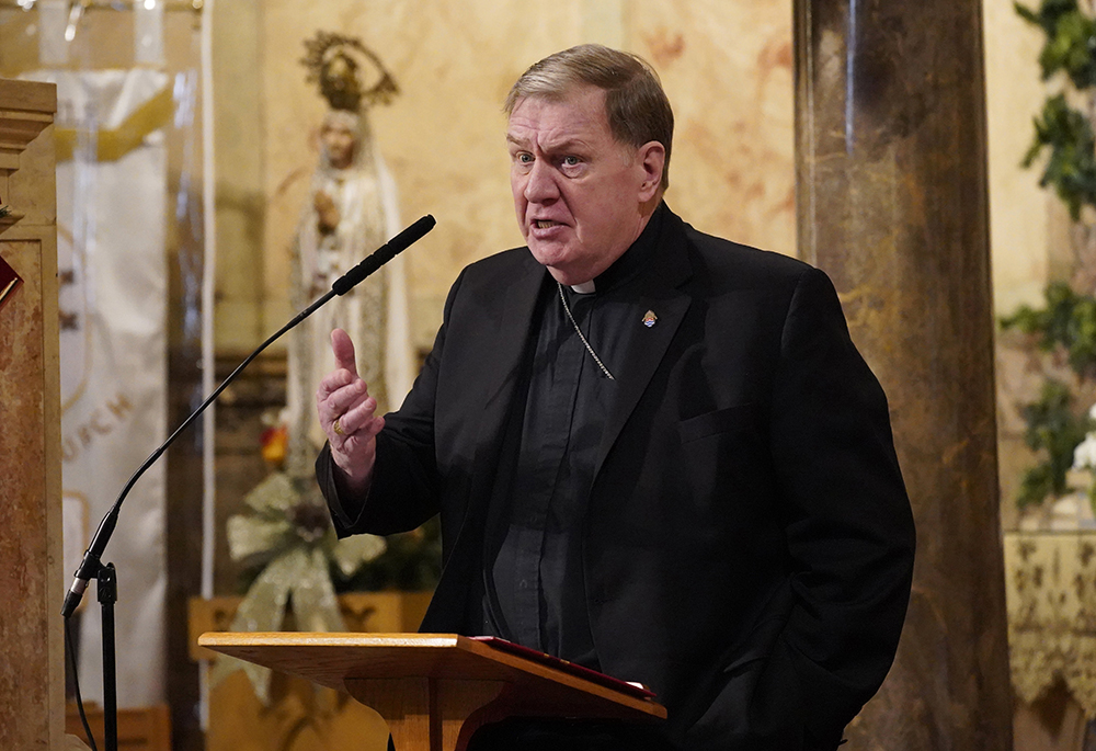 Cardinal Joseph W. Tobin of Newark, New Jersey, speaks at St. Lucy's Church in Newark Jan. 13, 2025, during an interfaith gathering of religious leaders committed to supporting immigrants facing the threat of mass deportation by the Trump administration. (OSV News/Gregory A. Shemitz)