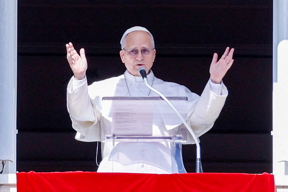 Pope Leo XIV delivers the Angelus address in St. Peter's Square at the Vatican Feb. 15, 2026. (OSV News/Reuters/Remo Casilli)