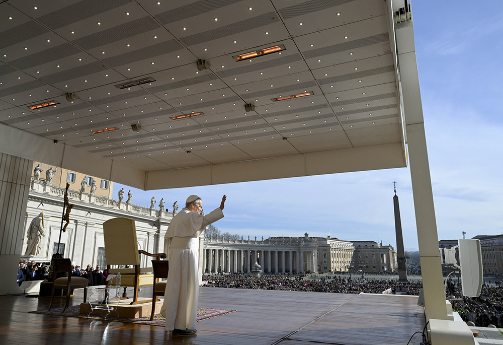Pope Leo XIV waves to the crowd before leading his general audience in St. Peter's Square at the Vatican Feb. 18, 2026. (CNS/Vatican Media)