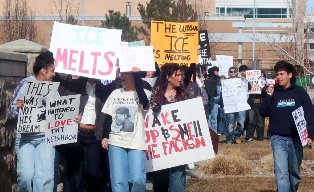 Students at Juan Diego Catholic High School in Draper, Utah, conduct a walkout in support of the immigrant community and to protest against U.S. Immigration and Customs Enforcement and the U.S. Department of Homeland Security just after noon on Feb. 3. (OSV News/Linda Petersen, Intermountain Catholic)